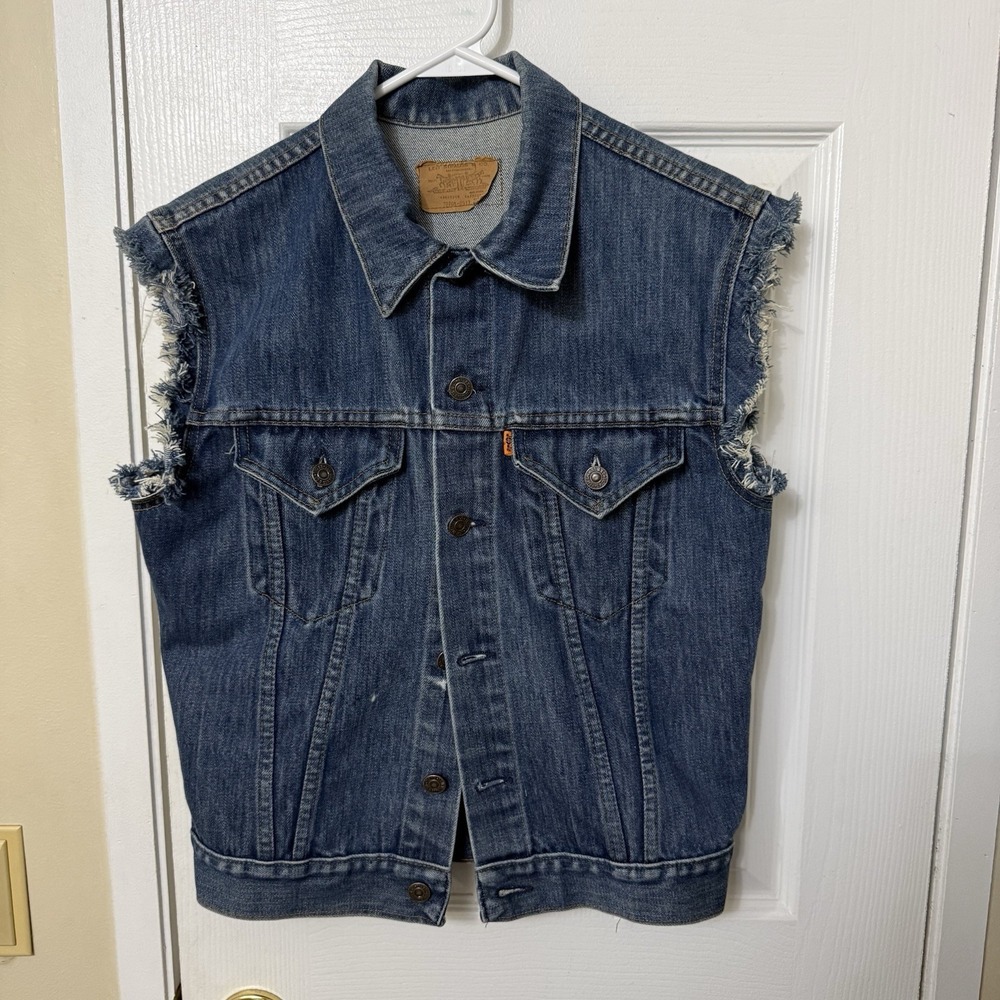 VTG USA LEVI Trucker Denim Cut Off Jean Jacket Harley Davidson ORANGE TAB